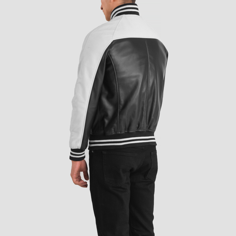 Mens Terrance Black & White Leather Varsity Jacket Tilted Back-8-1704117248020